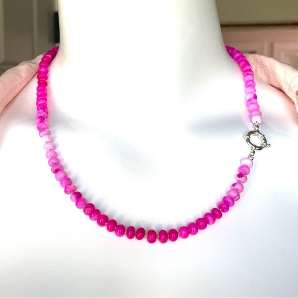 Hot Pink Opals Hand Knotted Light Pink Silk With 925 Sterling Silver Clasp. 21” - Picture 10 of 11